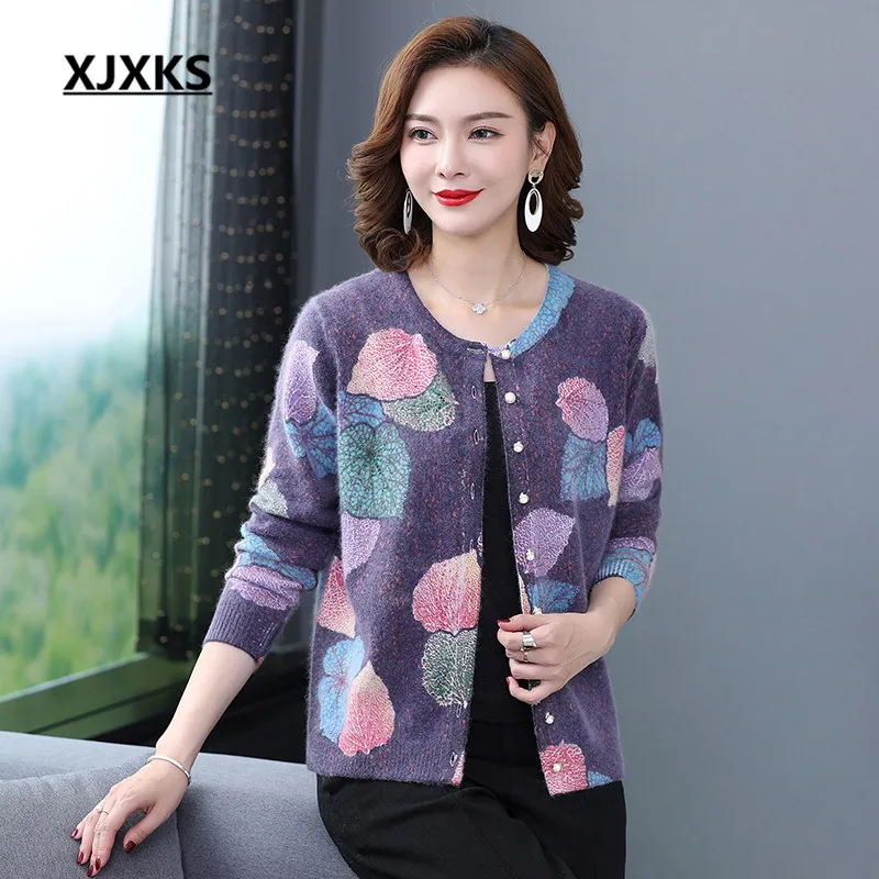 XJXKS 2020 spring winter new women Mink Cashmere sweater loose plus size fashion single-breasted cardigan printed |