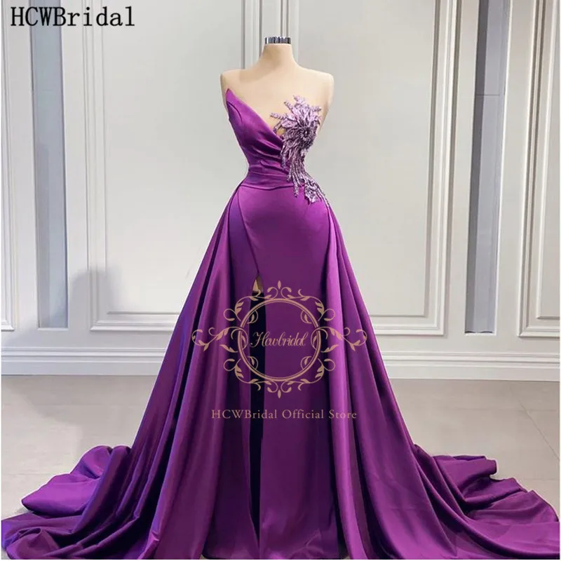 

Purple Long Formal Evening Dress Sweetheart High Slit Sexy Prom Gown With Detachable Train Arabic Women Wedding Party Dresses
