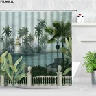 Занавеска для душа с изображением тропических растений, водопада в джунглях, пальмовых листьев, кокосовой пальмы, водонепроницаемая ткань, декор для ванной комнаты