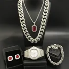 Роскошные мужские часы серебряного цвета, ожерелье, кольцо и серьги, комплект с кубинским кристаллом Майами Цепочка-ожерелье хип-хоп для мужчин