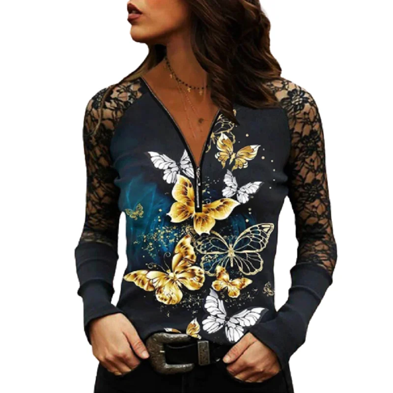 

Butterfly Printed Long Sleeve Street T-Shirts Women Lace Stitching Top Half Zipper V-Neck Sexy Lady Tshirt Femme New Clothing