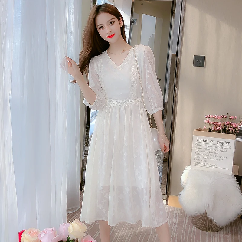 

2023 Korean Casual White Jacquard Sweet Dress Summer New Chiffon Sexy Beach Midi Dress Elegant Women Bodycon Chic Party Vestidos