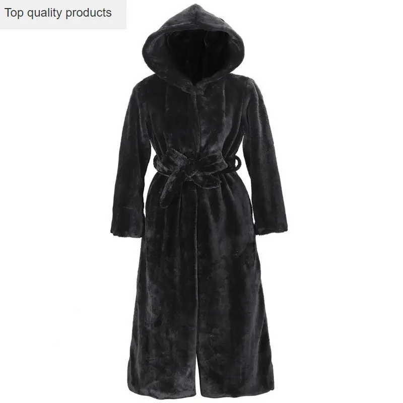 

2020 New Women Winter Fur Jacket Long Hooded Sashes Loose Coat Vintage Black Sexy Faux Fur Outer Warm Plus Size Outwear AC236