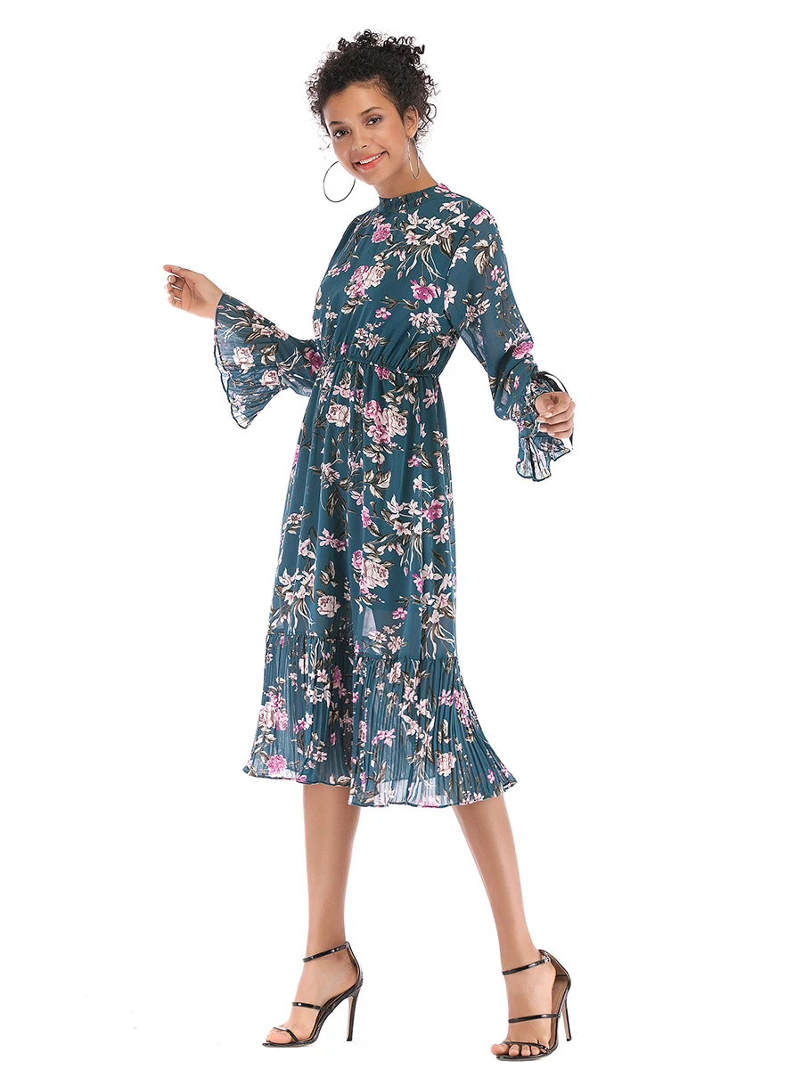 Женское осенне-зимнее длинное платье повседневное модное с круглым вырезом и