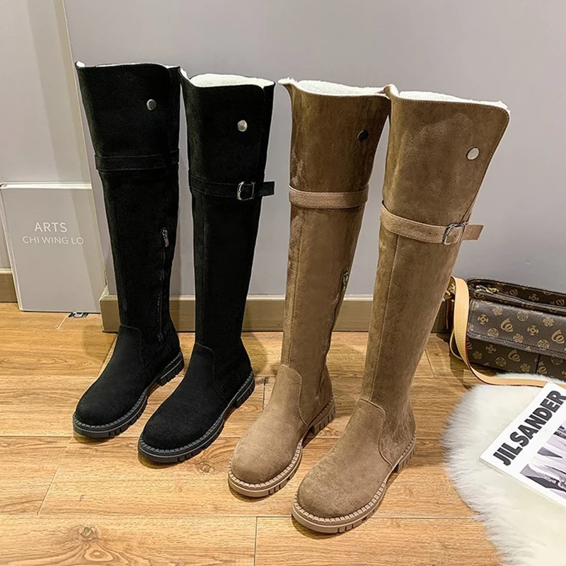 

2020 Fashion Women Winter Warm Plush Boots Over The Knee Heels Quality Flock Long Comfort Square Botines Mujer Thigh High Boots