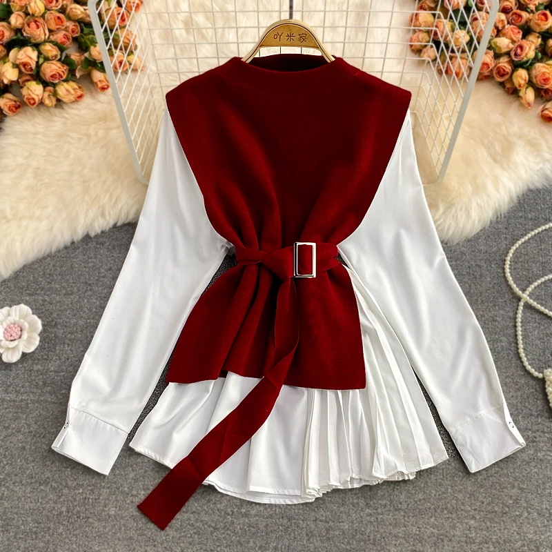

2021 autumn new fashion design sense lotus leaf sleeve white shirt two-piece round neck knitted vest women