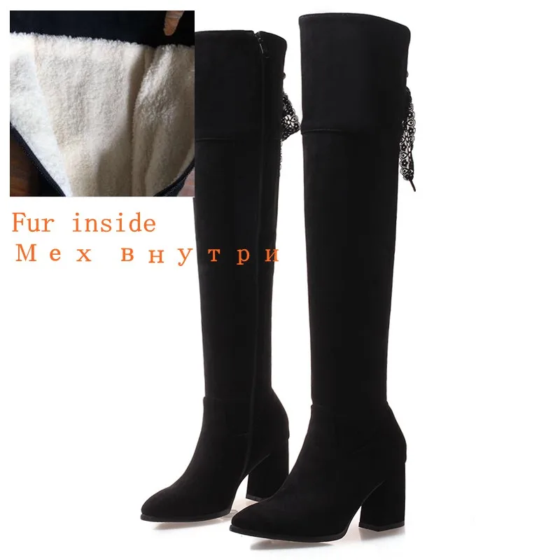 Black Fur REAVE CAT/обувь женские сапоги на высоком каблуке женские Сапоги выше колена Zapatos de mujer, на молнии, с перекрестной шнуровкой, из флока, с острым носком,, A1465 - Цвет: Black Fur