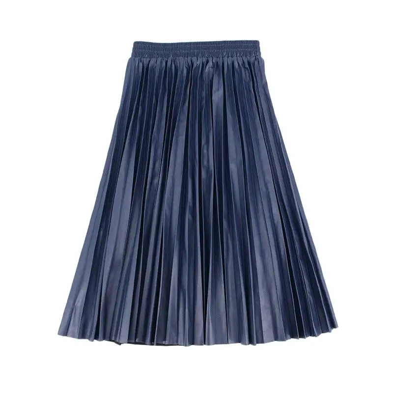 Dark Blue Осенняя мода, новая плиссированная юбка из искусственной кожи, эластичная высокая талия, универсальная женская юбка - Цвет: Dark Blue