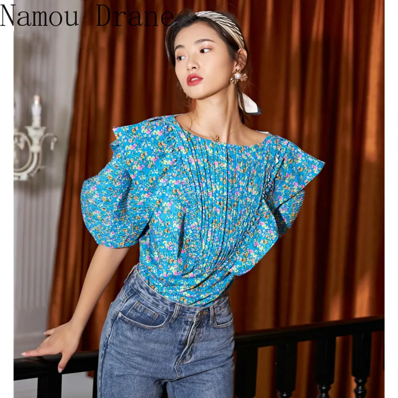 Женская блузка с волнистыми оборками дизайнерская синяя рукавами-фонариками и