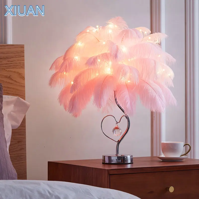 Creative DIY Nature Ostrich Feather Table Light With Remote Control Dimmer Bedside Night Lamp for Girl Wedding Birthday Gift LED