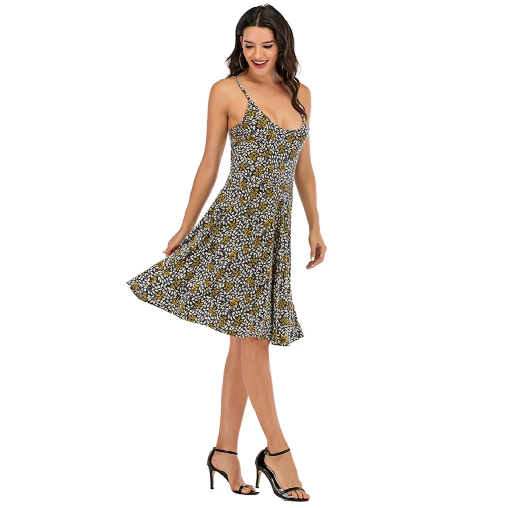 

Fashion Women's Summer Dress V-neck Hanging Sleeveless Printing Sexy Casual Splicing Ladies Dress European And American Style