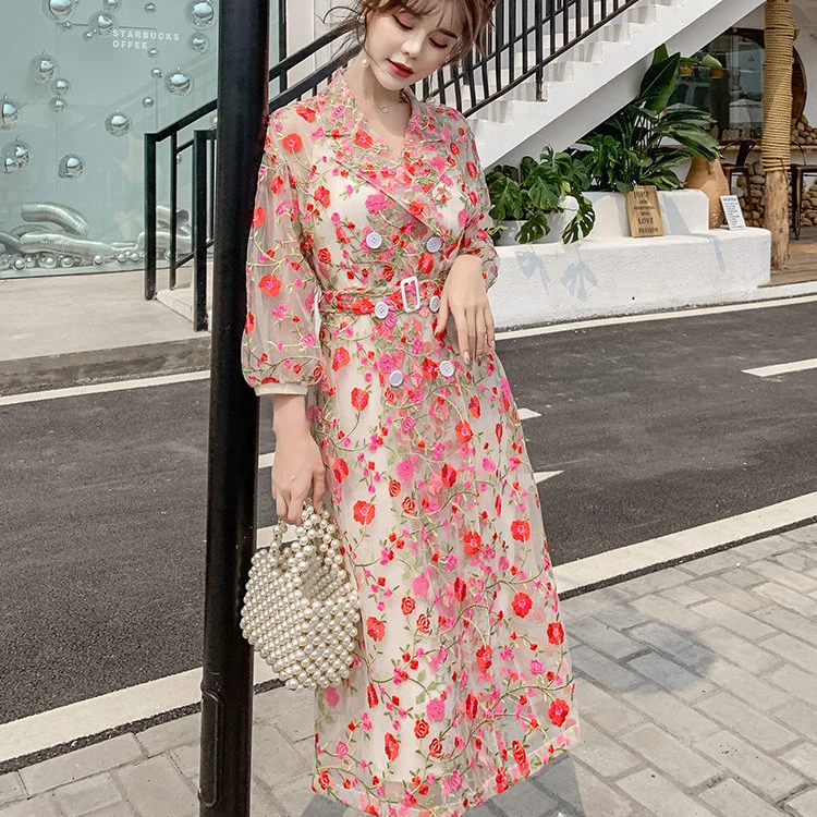 

Retro mesh waist mid-length windbreaker casual slim thin over-the-knee coat fashion women's spring and summer 2021 new