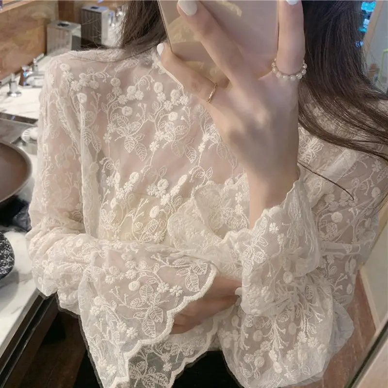 

Fall/Winter New High Neck Mesh Lace Shirt for Women Long Sleeve Top