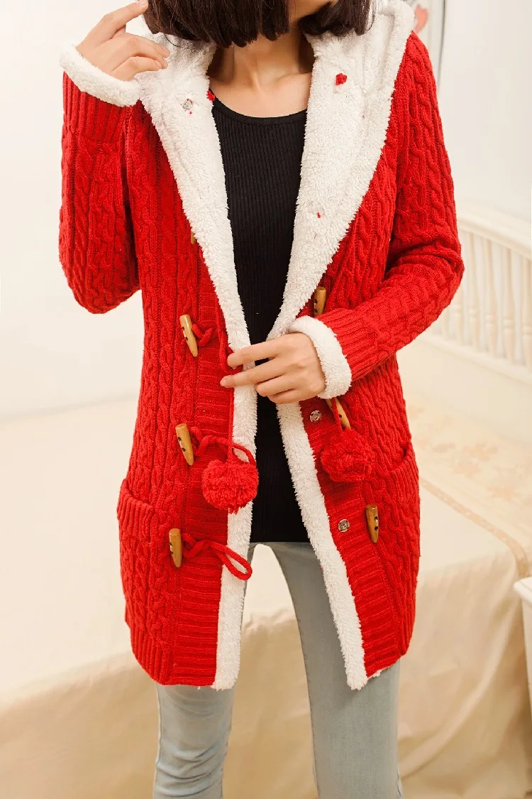 

Loose Wool Coat With Hat Jackets Women Casual Knit Button Long Sleeve Cashmere Thick Warm Hooded Cardigan Coat Abrigos Mujer