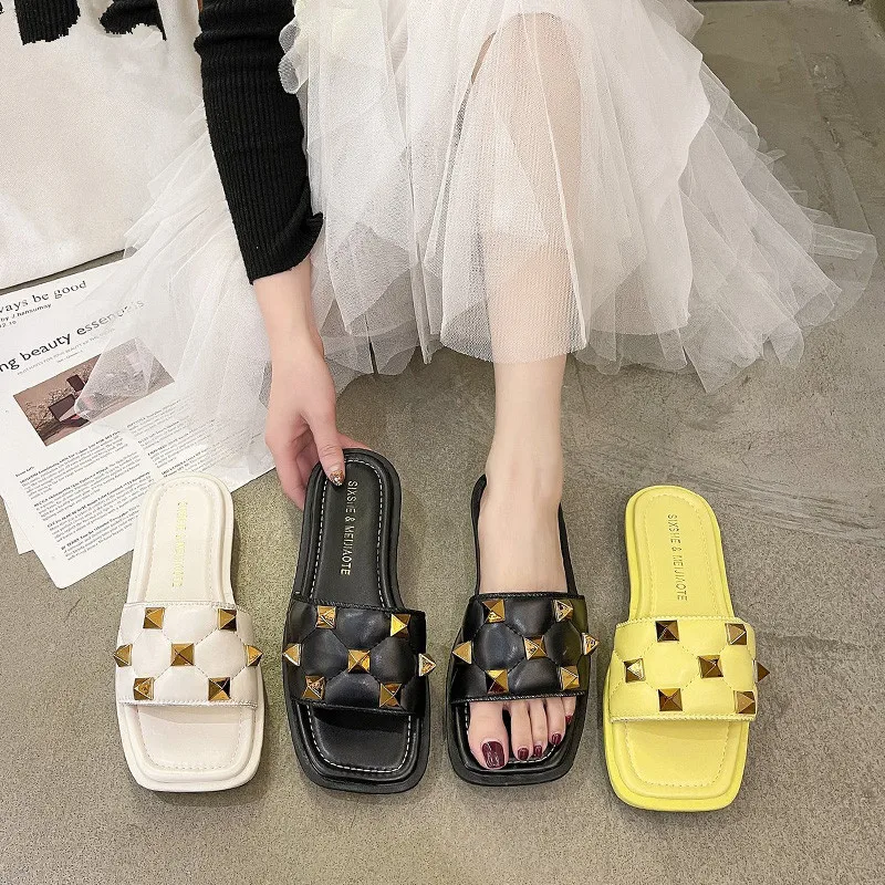 

Shoes Woman 2021 Rivet House Slippers Platform Shallow Luxury Slides Low Pantofle Designer New Flat Soft Summer Fashion PU Basic