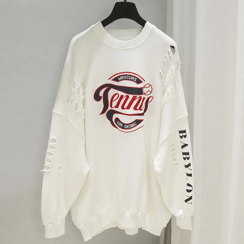 

2021 Spring Autumn New Korean Style Women Hoodie Loose Lazy Original Ripped Sleeves Top Round Neck Fashionable Simple Sweatshirt