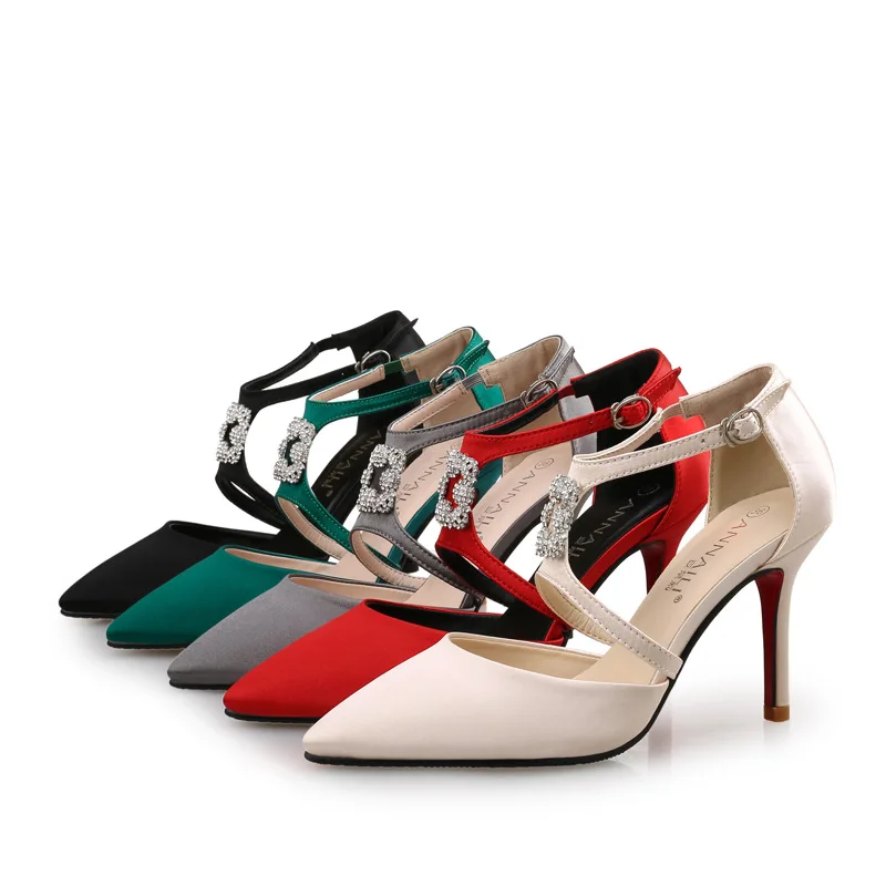 

Water drill square buckle, high heels, fine heels, sexy satin, shallow mouth, empty women's single shoes, red wedding shoes.