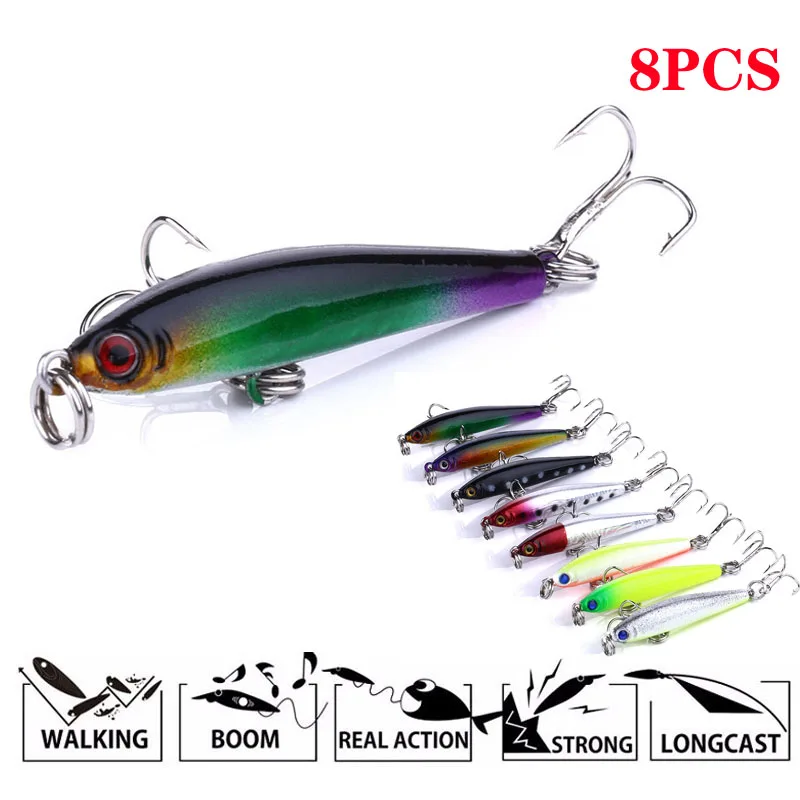 

Набор рыболовных приманок, 8 шт., 4,5 см, мини жесткая рыболовная приманка, воблер, приманка в виде гольяна, два крючка, армейский зеленый пласт...