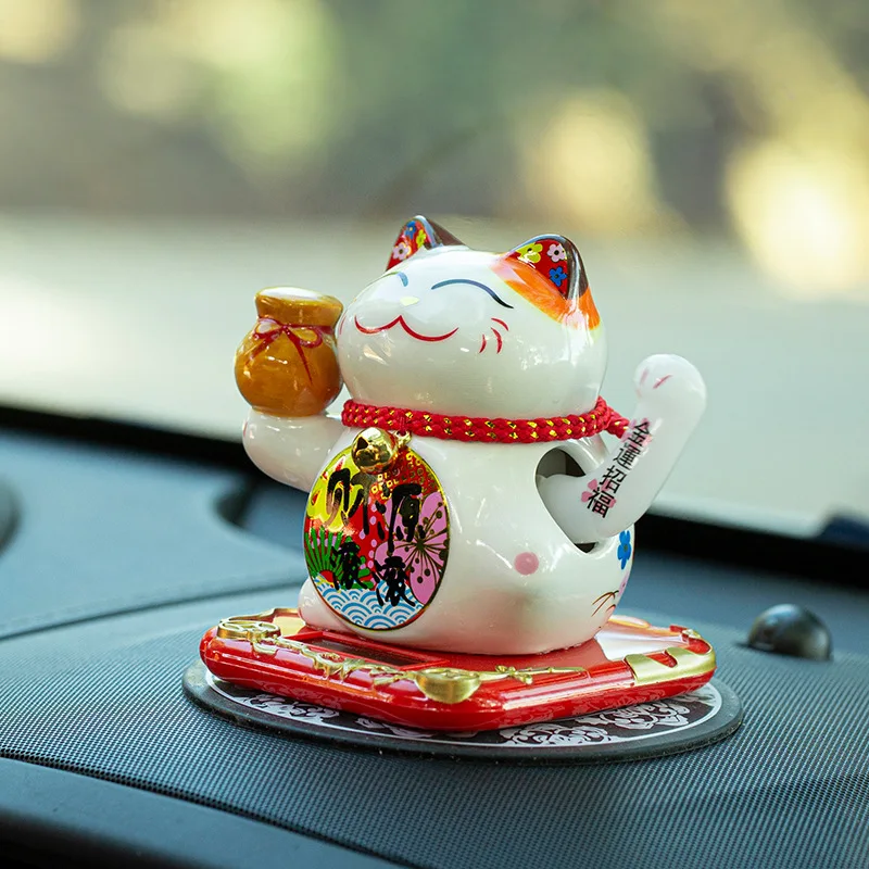 

Solar Powered Ceramic Lucky Cat Maneki Neko Shaking Arm Beckoning Fortune Cat Home Car Decoration Gift Wealth Waving Arm Cat