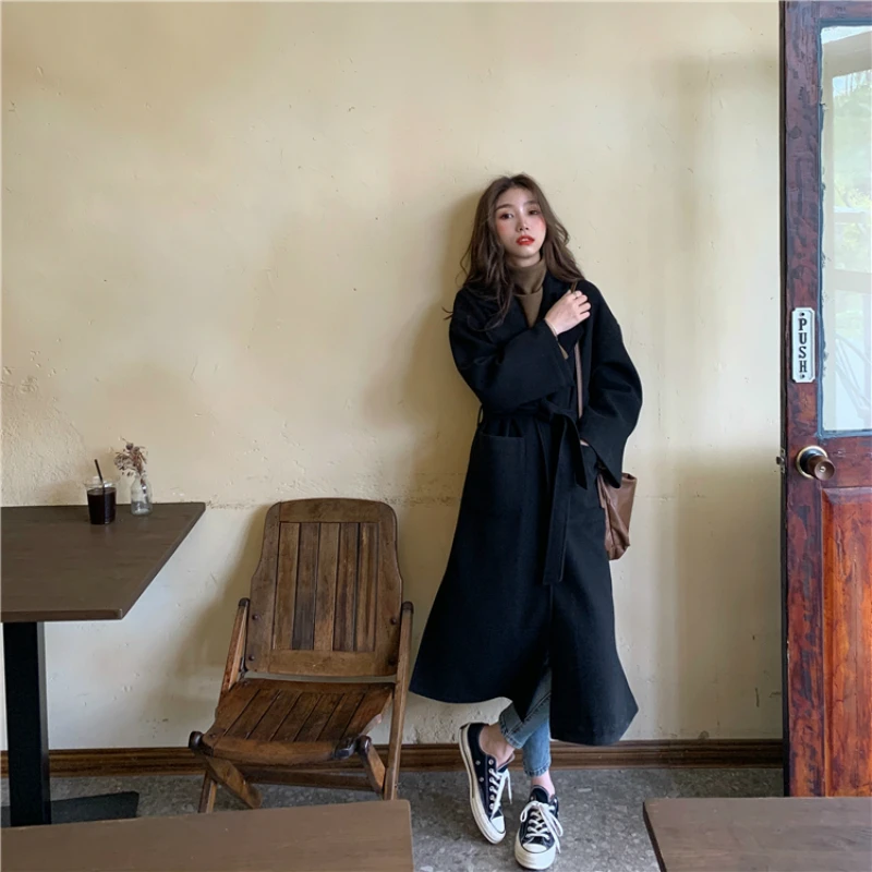 

Woolen Overcoat Split Hem Cardigan Outerwear Korea Women Autumn Winter Khaki Loose Long Wool Coat Jacket Belt