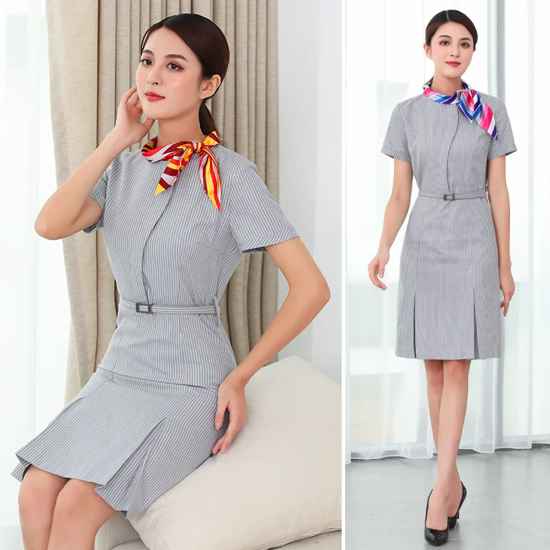 Платье стюардессы HNA новинка летний женский шарф с коротким рукавом воротник