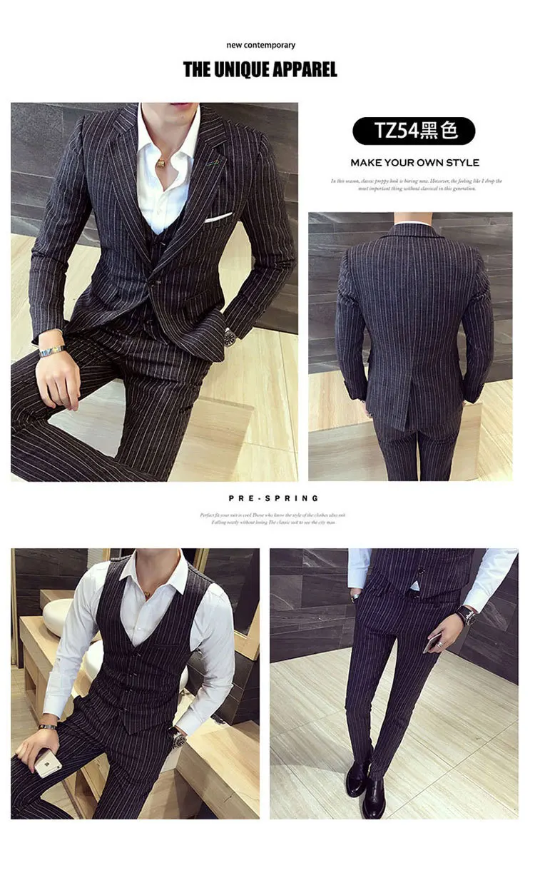 (Куртки + жилет брюки) Мужской Модный высококачественный деловой костюм в полоску
