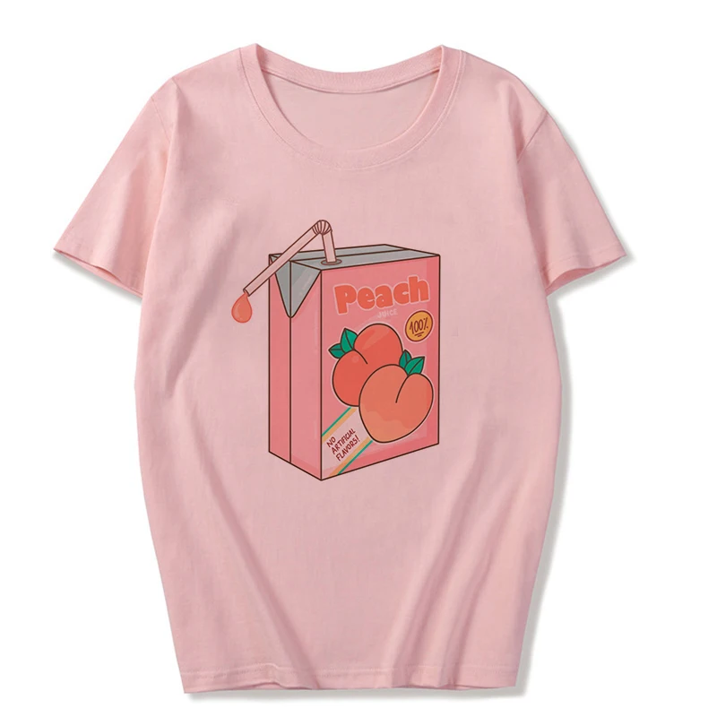 2681-Pink Summer New Pink Fashion Korean Style Women's Japanese Peach Juice Drink Print Harajuku Vogue Casual Loose Kawaii Female T Shirt - Color: 2681-Pink