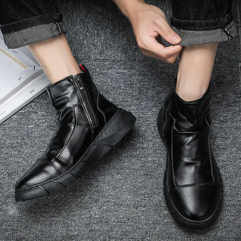 

Men's High Top Trendy Men's Shoes Mid-top Waterproof Martin Boots Trendy Short Boots British Spring and Autumn Zipper Men