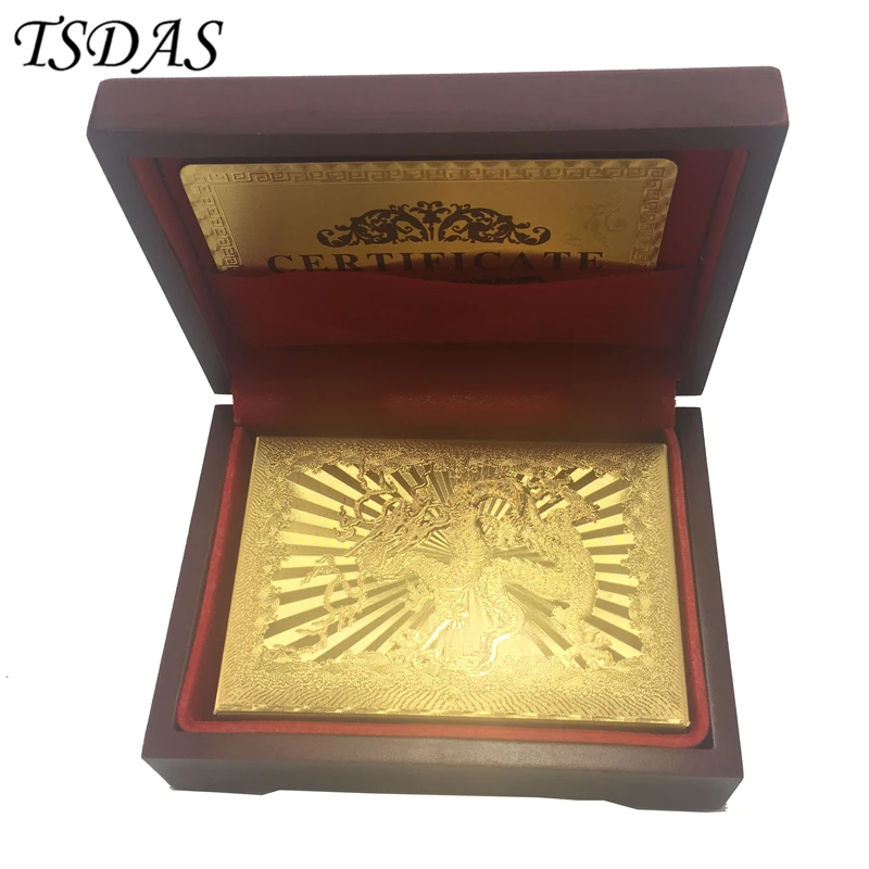 One Deck Gold Foil Playing Cards Waterproof Plastic Poker Dragon Style With Wooden Case Good Gift for Entertainment | Дом и сад