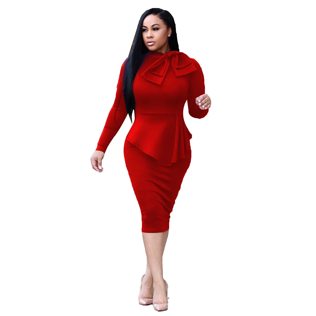 

Fashion Temperament Irregular Bow Collar Solid Color Slim Dress Professional Dress