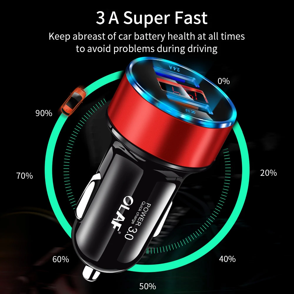 Олаф 30 Вт 5 В 3 А двойной QC 3,0 быстрое USB Автомобильное зарядное устройство для iPhone X 8 samsung S10 Xiaomi Quick Charge 3,0 в автомобиль и светодиодный цифровой дисплей
