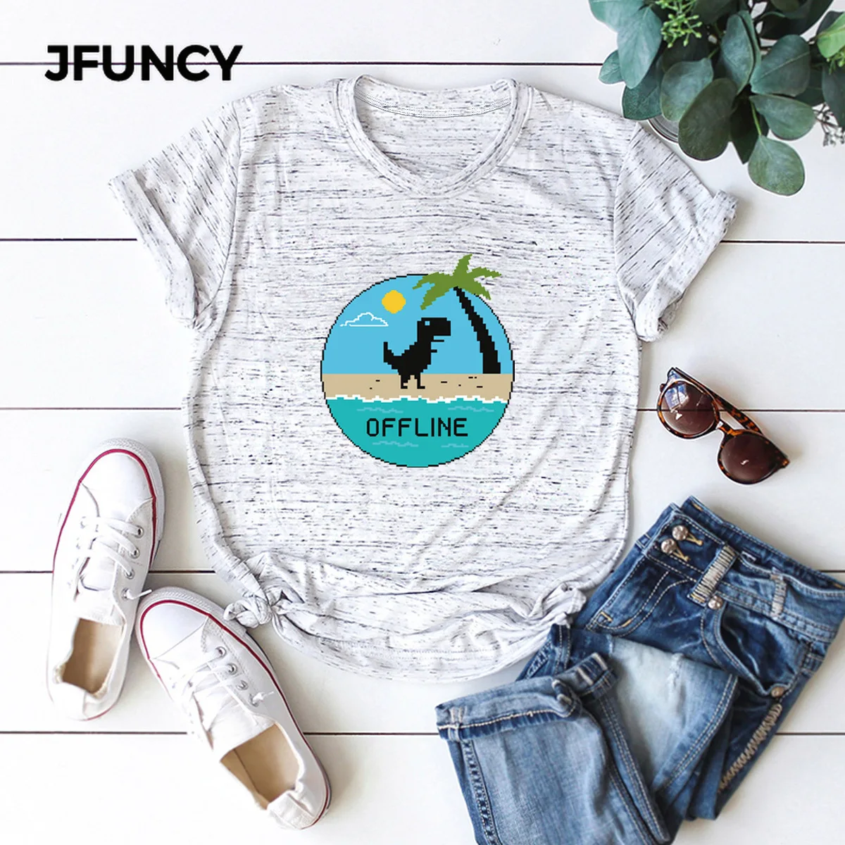JFUNCY Funny Dinosaur Graphic Tees Women Tops 100% Cotton Summer T-shirt  Short Sleeve Woman Shirts Lady Casual Tshirt