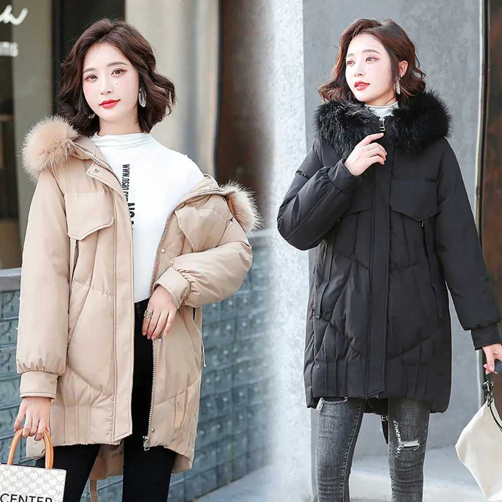 Vielleicht 2021 Winter Jacket Parkas Women Solid Black White Female Down Cotton Coat Winter Loose Fur Hooded Womens Long Parkas
