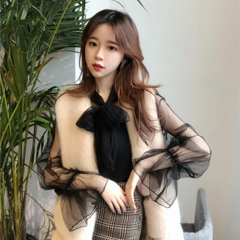 Сетка 2019 Женские топы с длинными расклешенными рукавами блуза галстуком