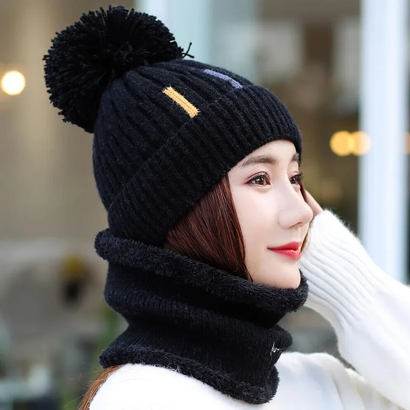 Knitted Hat With Scarf Collars SUOGRY Sets For Women Winter Ladies Hat& Scarf With Pompom Thick Two Piece Keep Snow Warm Set