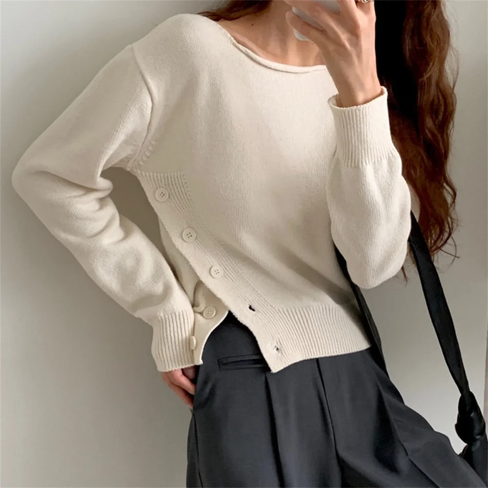 

@YYDS Off-Center Button Pullover Knitwear Sweater O-Neck Slim Autumn Full Sleeve Chic All Match Bottom Women New Jumpers
