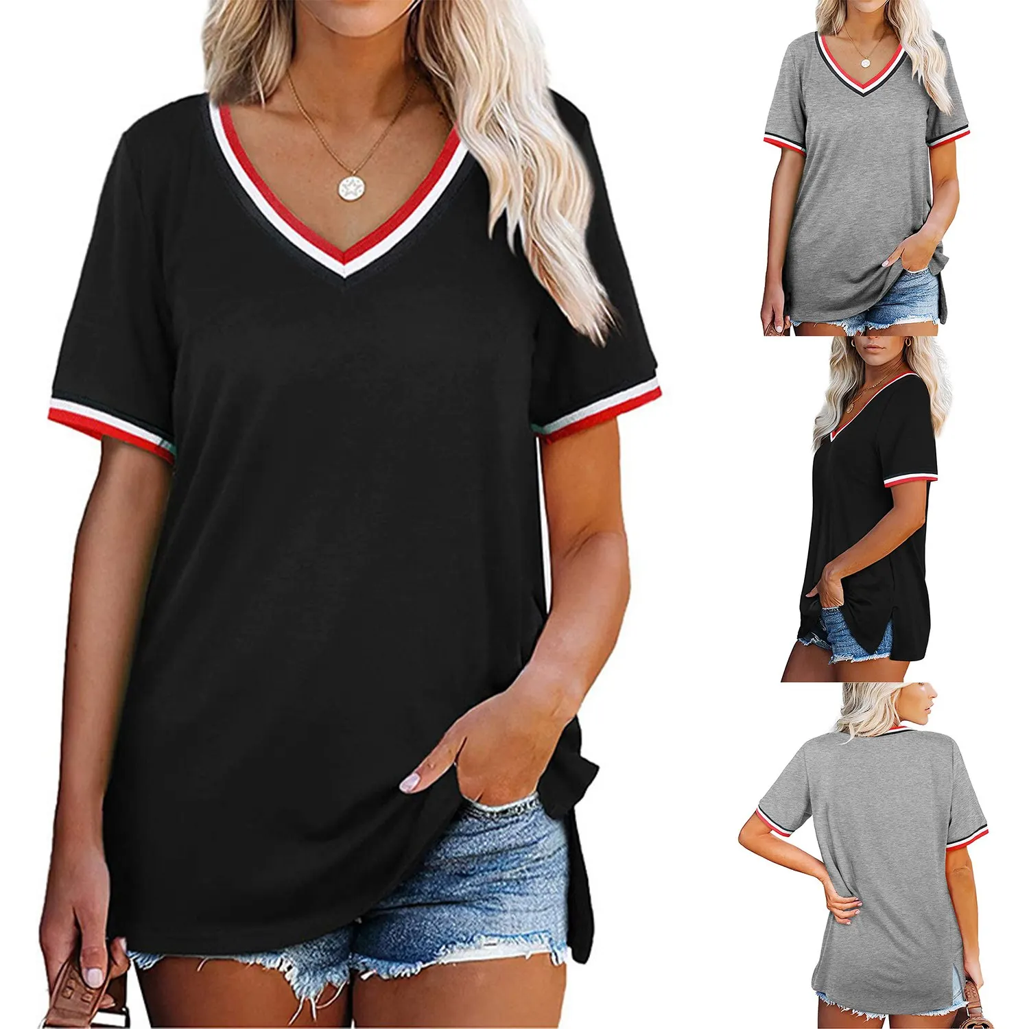 

Women's Fashion Solid Color V-Neck Stripe Stitching Short Sleeve T-Shirt