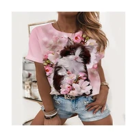 pink cute cat t shirt ladies loose and comfortable top 3d color printing outdoor trend polyester round neck