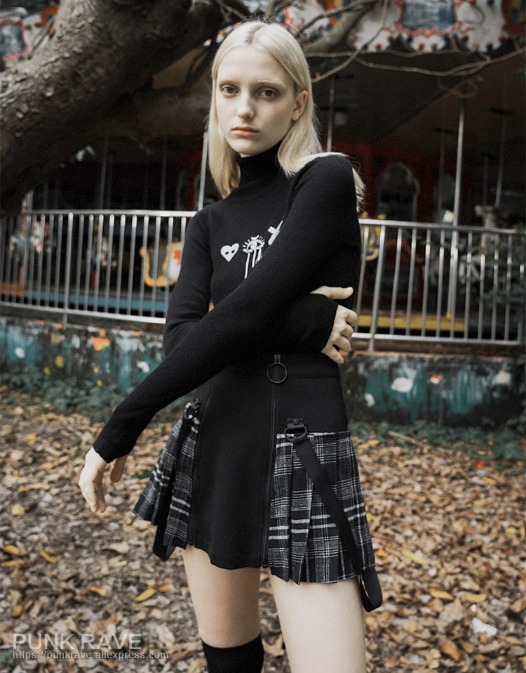 Женский короткий свитер в стиле Панк RAVE готический повседневный черный с высоким
