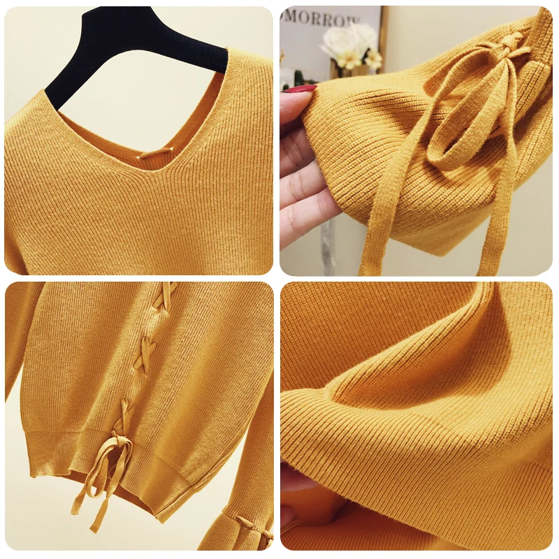 Женский вязаный свитер с v-образным вырезом пуловер на осень и зиму облегающие