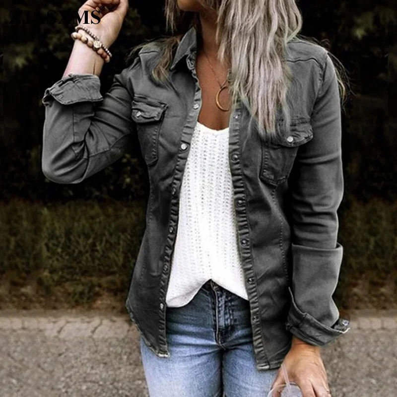 

Куртка женская джинсовая однобортная на пуговицах, офисный топ с отложным воротником и длинным рукавом, кардиган, верхняя одежда, 2XL