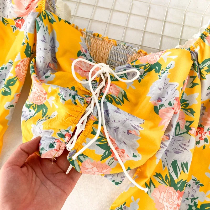 

Printed Square Collar Women Stretch Puff Sleeve Short Blouse Spring Drawstring Cropped Shirt