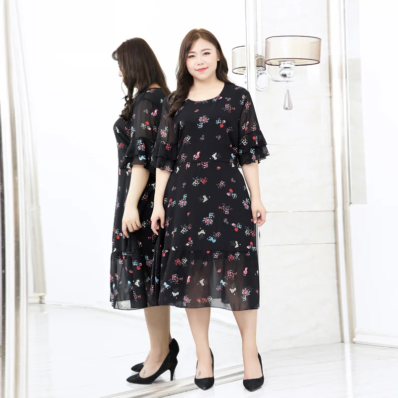 

Floral Print Summer Dress 4XL To 10XL Extra Oversized Women Chiffon Dress Ruffles Sleeve Floral Print Casual Dresses T1972