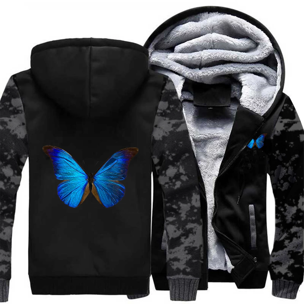 

Funny Blue Butterfly Fashion Cute Raglan Thick Hoodies Top Men Jackets Winter Warm Sweatshirt Printed Raglan Street Black Coats