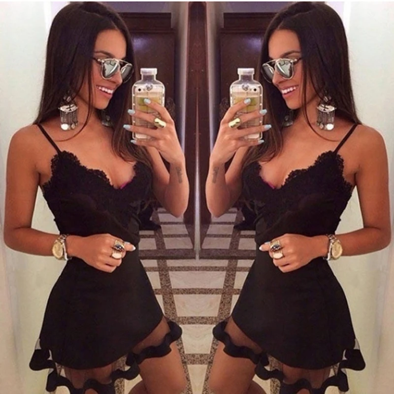 

Женское облегающее кружевное платье без рукавов, вечерние платья с лямкой на шее, сексуальное черное корейское платье, женское мини-платье, платья