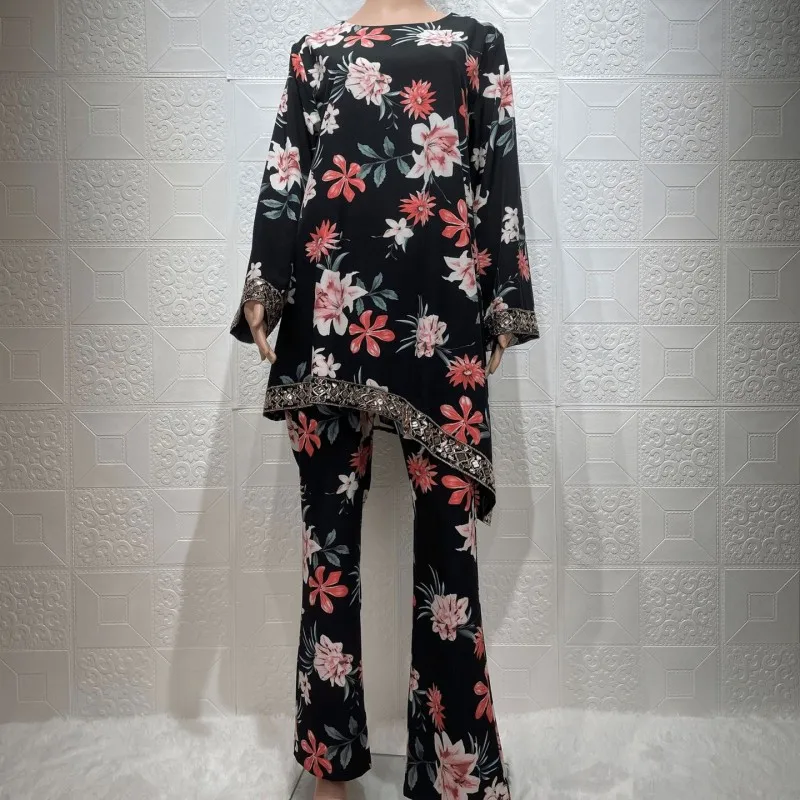 

Женский мусульманский комплект из 2 предметов, длинная рубашка и расклешенные брюки, костюм с цветочным принтом, уличная одежда, мусульманс...