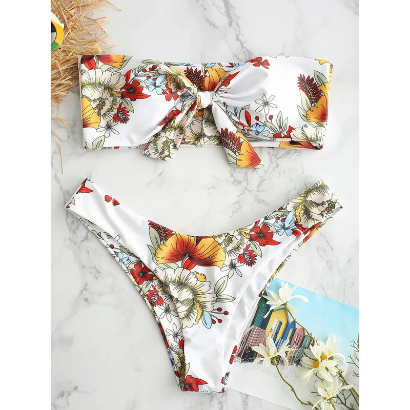 

2021 New Sexy High Waist Bikini Set Swimwear Women Bandeau Female Print Floral Strappy Swimsuit Bathing Suit Beach Wear Biquini