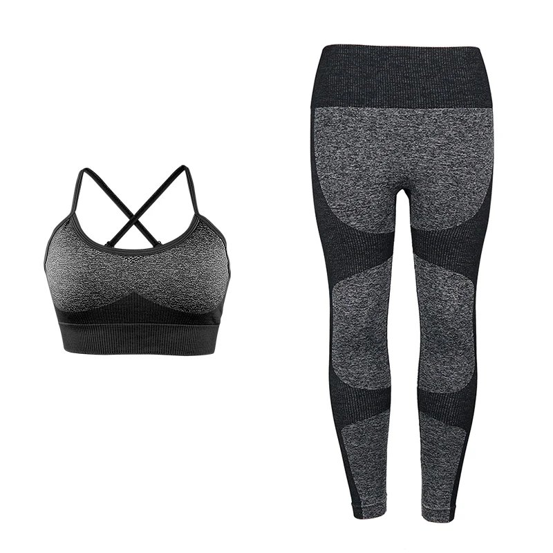 black gray Бесшовные леггинсы для спортзала, спортивные, для женщин, для фитнеса, для женщин, компрессионные, для тренировок, пуш-ап, облегающие, Joga, комплект из 2 предметов, женская одежда - Цвет: black gray