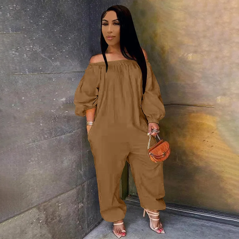 

4XL Plus Size One Piece Women's Sexy Off Shoulder Fashion Long Sleeved Personality Pockets Casual Loose Solid Color Jumpsuit