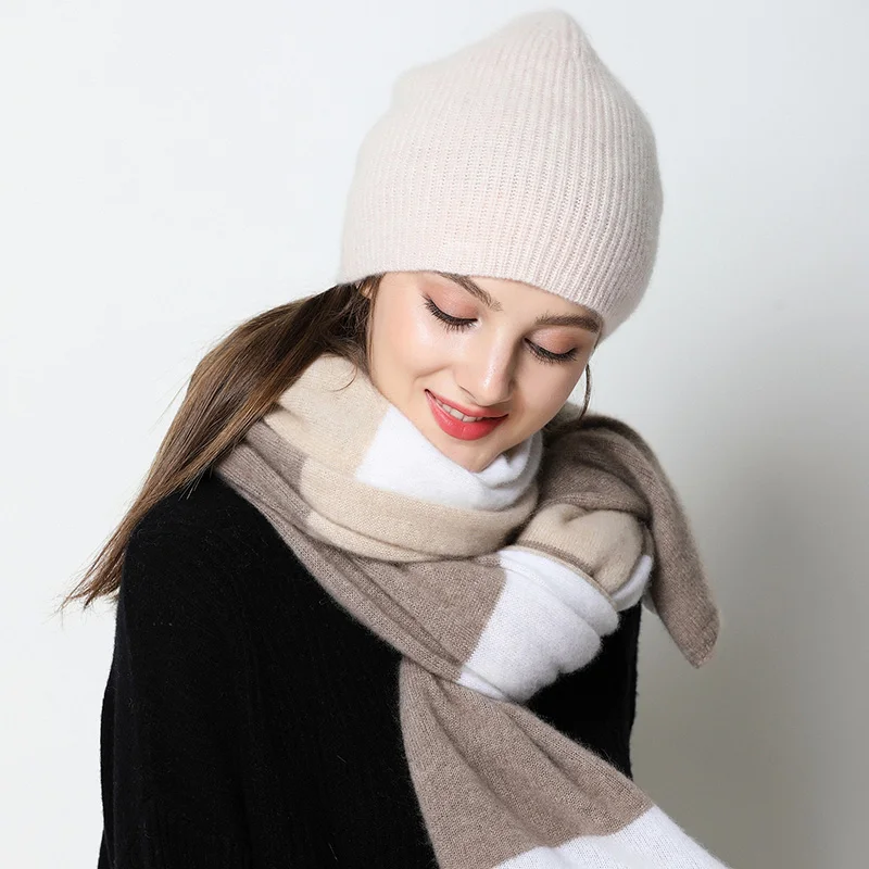 

Cashmere scarf hat female autumn winter warm new fashion 100% cashmere matching color joker simple scarf hat